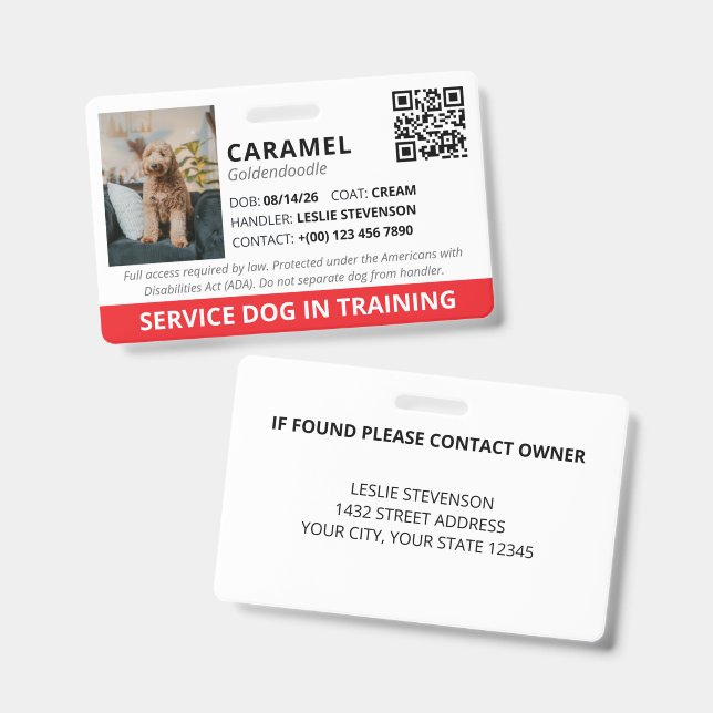 Roter benutzerdefinierter QR-Code Servicehund in A Ausweis (Vorder- & Rückseite)