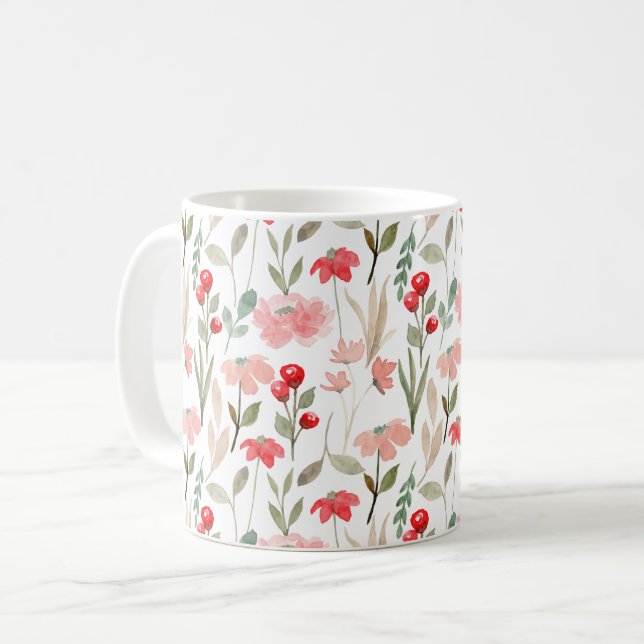 Roter Berry Rosa Wasserfarben Blumenmuster Kaffeetasse (Vorderseite Links)