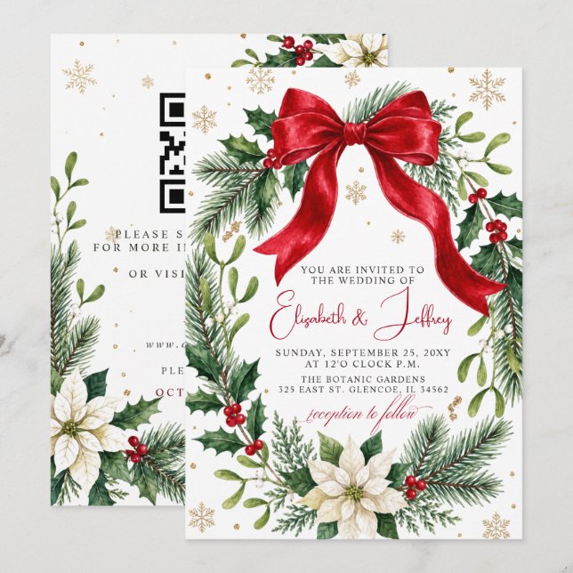 Roter Blumen-Weihnachtskranz QR-Code Hochzeit Einladung (Vorne/Hinten)