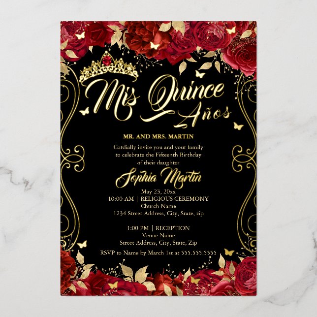 Roter Blumengarten Scroll Mis Quince Quinceanera Folieneinladung (Vorderseite)