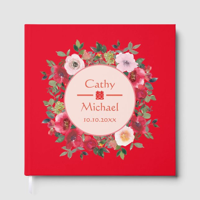 Roter Blumenkranz Chinesische HochzeitsTeezeremoni Gästebuch (Vorderseite)
