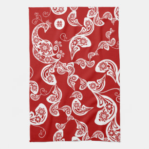 Roter Blumenpaisley-Pfau-schickes elegantes Küchentuch