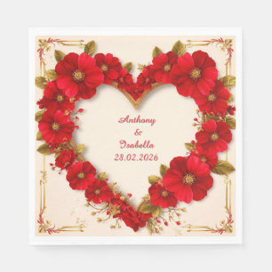 Roter Blumenrahmen in Form eines Hochzeitsherzes m Serviette