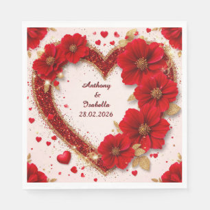 Roter Blumenrahmen in Form eines Hochzeitsherzes m Serviette