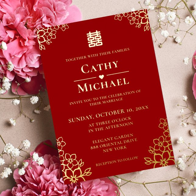 Roter Blumenstrauß Chinesische Hochzeitskirschblüt Folieneinladung (Traditional Chinese Wedding invitation gold foil cherry blossom floral red design )