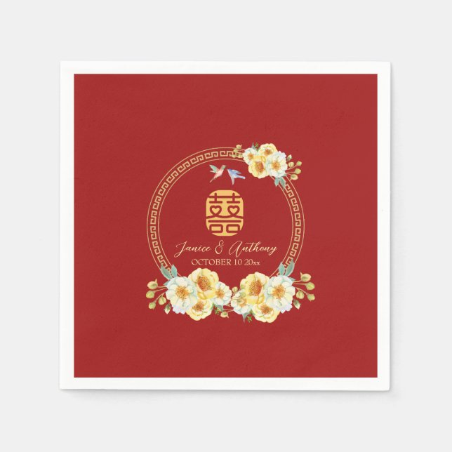 Roter Blumenvogel Chinesische Hochzeit Serviette (Vorderseite)