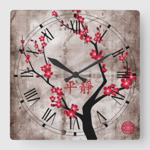 Roter Blütenbaum "Ruhe " Quadratische Wanduhr