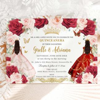 Roter Blütenpink Blütenpüree Twins Gold Quinceañer Einladung