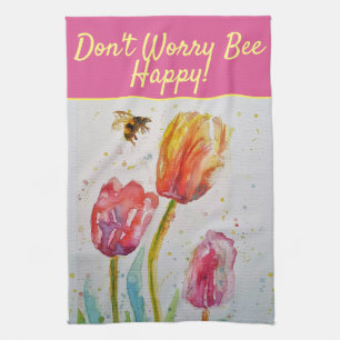 Roter Blütenrosa Tulip Bee Happy Tee The Geschirrtuch