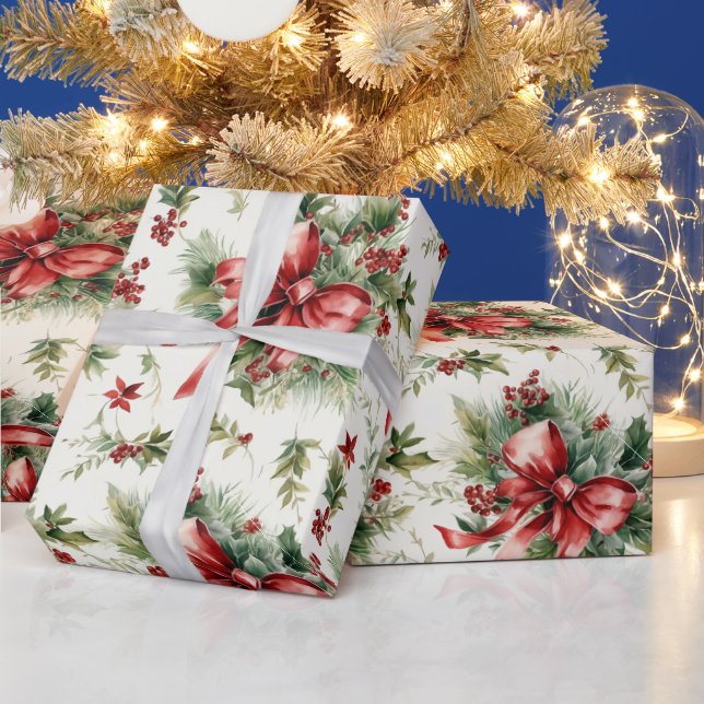 Roter Bogen auf Grüntönen Geschenkpapier (Feiertage)