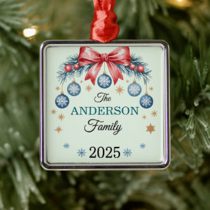 Roter Bogen Blaue Weihnachtsdekoration Familiennam Ornament Aus Metall