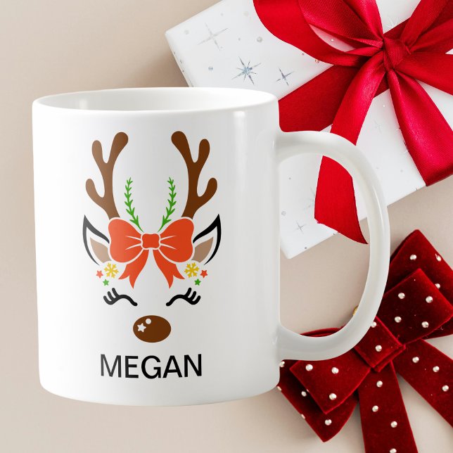 Roter Bogen Holiday Geweih Rentier Gesicht Kaffeetasse (Red Bow Holiday Antlers Reindeer Face Coffee Mug
)