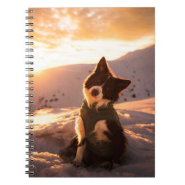Roter Border Collie in schneebedeckten Bergen bei Notizblock
