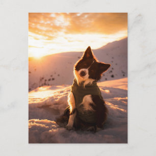 Roter Border Collie in schneebedeckten Bergen bei Postkarte