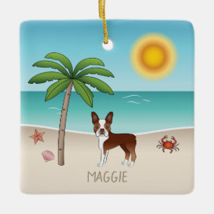 Roter Boston Terrier an einem tropischen Sommerstr Keramikornament