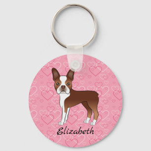 Roter Boston Terrier Hund auf rosa Herzen und Name Schlüsselanhänger
