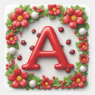 🐞 Roter Buchstabe A mit Marienkäfern Mohnblumen Quadratischer Aufkleber