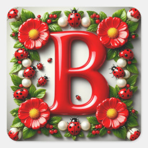 🐞 Roter Buchstaben Namensschild Marienkäfer Mohnb Quadratischer Aufkleber