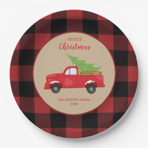 Roter Buffalo Karo Kariert Frohe Weihnachtsrottwag Pappteller