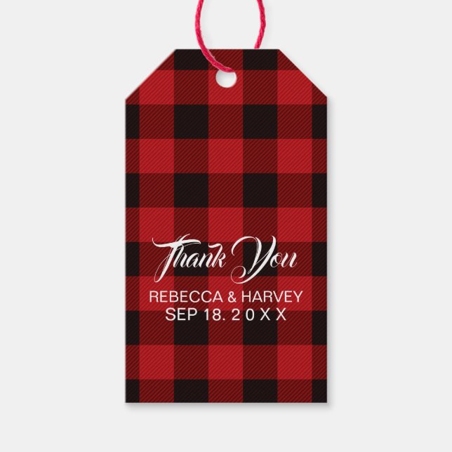 Roter Büffel kariert rustikale Winterhochzeit Gefa Geschenkanhänger (Vorderseite)