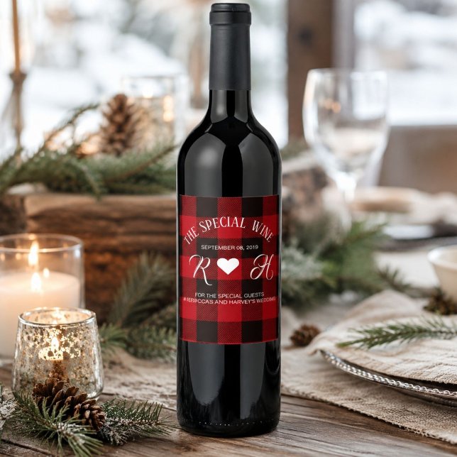 Roter Büffel karierte rustikale Winterhochzeit Weinetikett (red buffalo plaid rustic winter wedding wine label)