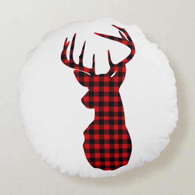 Roter Büffel, karierte Weihnachtswildjagd Rundes Kissen (Rückseite)
