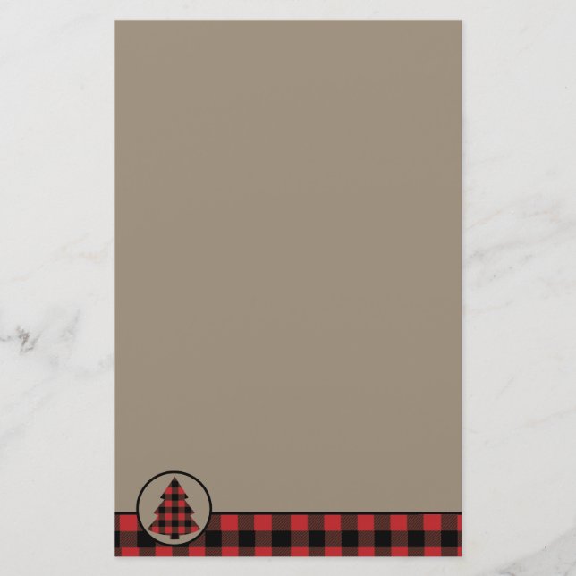 Roter Büffel-karierter Grenzweihnachtsbaum Briefpapier (Vorderseite)