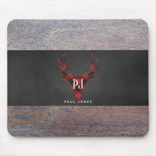 Roter Büffel-karierter Monogramm-Rotwild-Kopf Mousepad (Vorne)