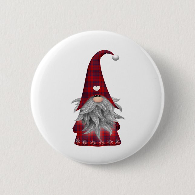 Roter Büffel-karierter WeihnachtsbauernhausGnome Button (Vorderseite)