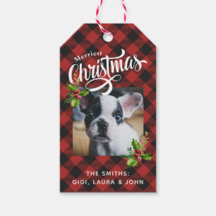 Roter Büffel-kariertes WeihnachtsFoto Geschenkanhänger