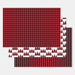 Roter Büffel Karo Kiefernbäume Streifen Weihnachte Geschenkpapier Set