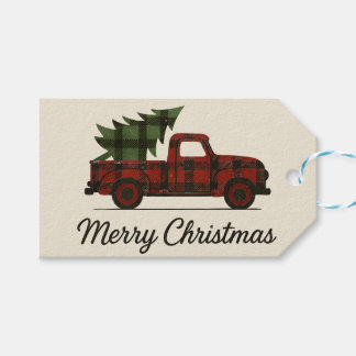 Roter Büffel-Karo Vintage-LKW und Weihnachtsbaum Geschenkanhänger