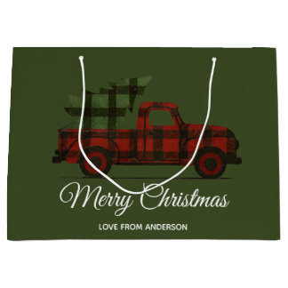 Roter Büffel-Karo-Vintage-LKW und Weihnachtsbaum Große Geschenktüte