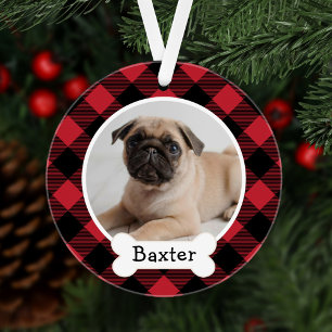 Roter Büffel-Karo Weihnachts-Hundefoto-Name Ornament