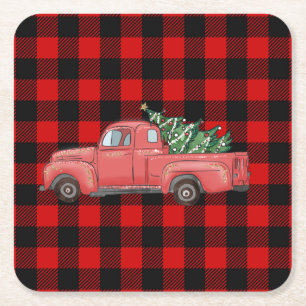 Roter Büffel-Karo-Weihnachtswagen Rechteckiger Pappuntersetzer