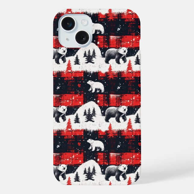 Roter Büffel-Karoprint Eisbär iPhone 15 Plus Hülle (Rückseite)
