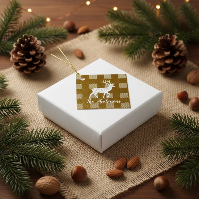 Roter Büffel-Karoprint & Rentiere | Persönlicher N Geschenkanhänger (Von Creator hochgeladen)