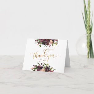 Roter Burgunder & Rosafarbene Blumen, Goldene Dank Dankeskarte
