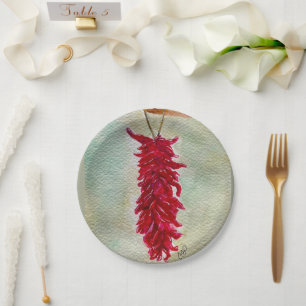 Roter Chile Wasserfarbe Ristra New Mexico Pappteller