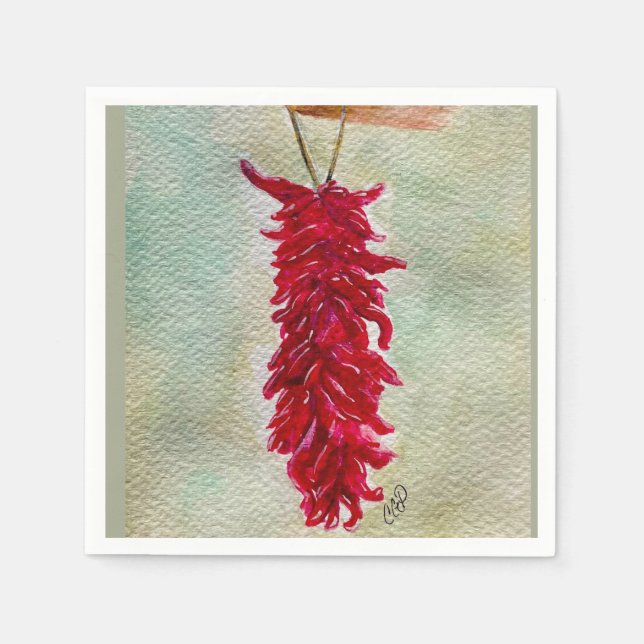 Roter Chile Wasserfarbe Ristra New Mexico Serviette (Vorderseite)