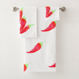 Roter Chili Handgestrichene Aquarellfarben Paprika Badhandtuch Set