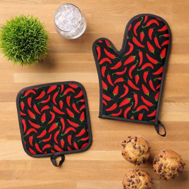Roter Chili Pepper Gemustert Ofenhandschuh & Topflappen-Set (Oben Unten)