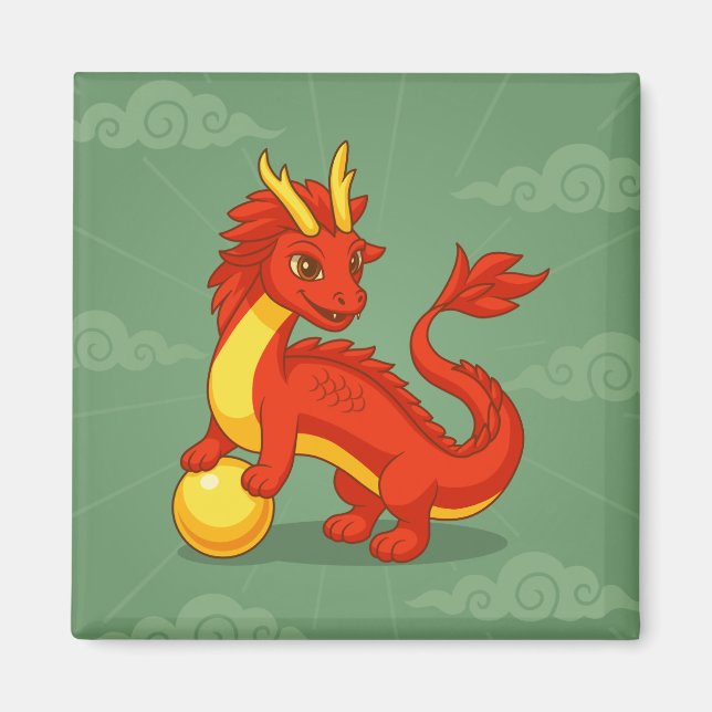 Roter chinesischer Drache auf Grün Magnet (Vorne)