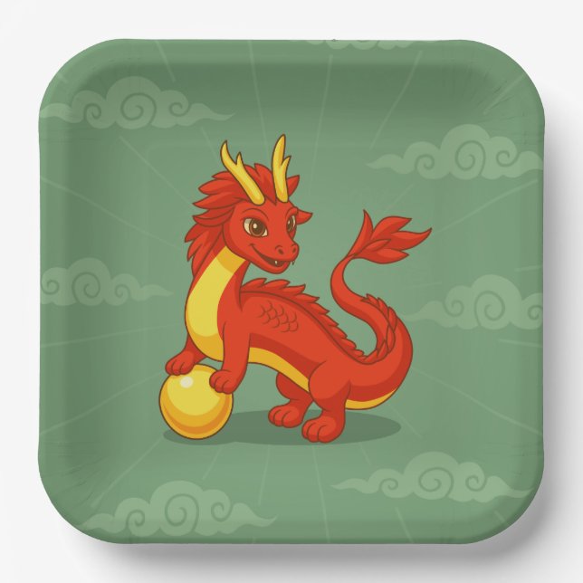 Roter chinesischer Drache auf Grün Pappteller (Vorderseite)
