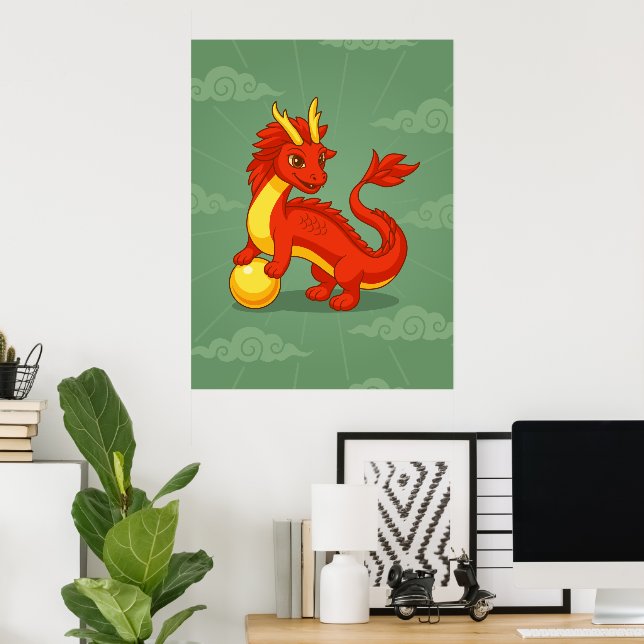 Roter chinesischer Drache auf Grün Poster (Heimbüro)
