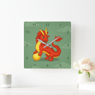 Roter chinesischer Drache auf Grün Quadratische Wanduhr