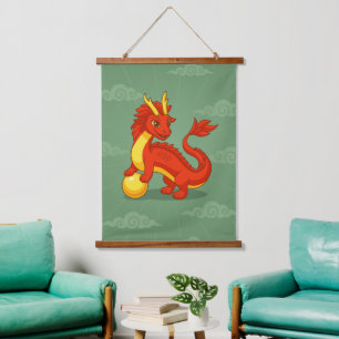 Roter chinesischer Drache auf Grün Wandteppich Mit Holzrahmen