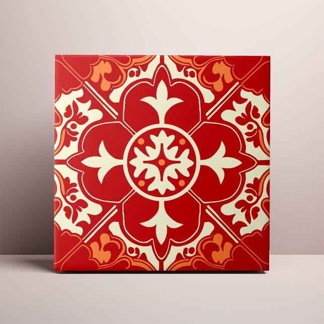 Roter Creme- und orangefarbener Azulejo-Mandala Fliese (Von Creator hochgeladen)
