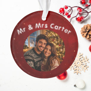Roter Crimson 1. gemeinsames Weihnachten Paar-Foto Ornament
