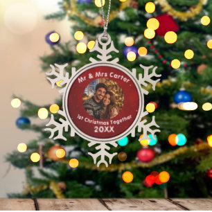 Roter Crimson 1. gemeinsames Weihnachten Paar-Foto Schneeflocken Zinn-Ornament